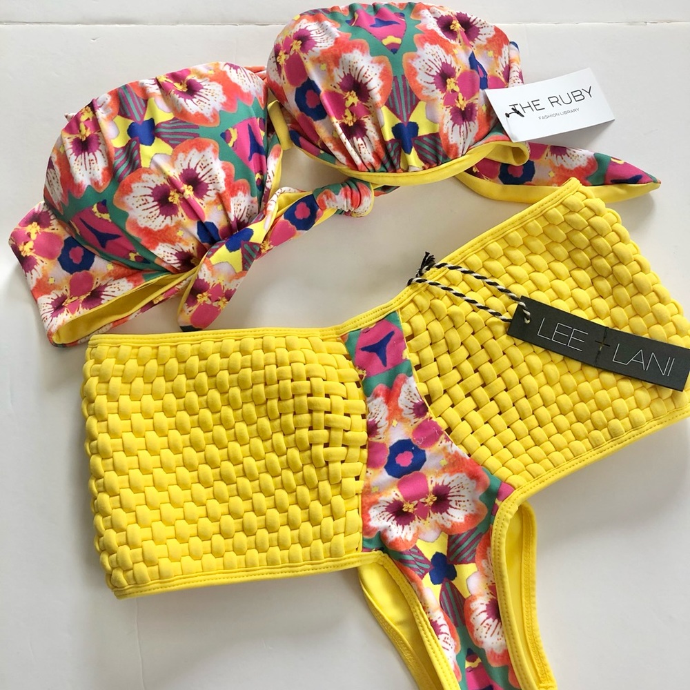 Lee + Lani Yellow and Floral Two Piece Bikini Medium Large High Rise Bottom